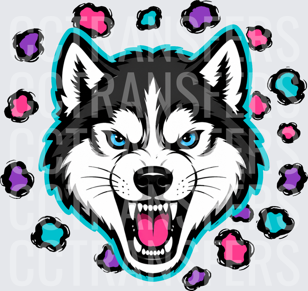 Fierce Husky Face Blue Eyes Colorful Paw Prints (DTF)