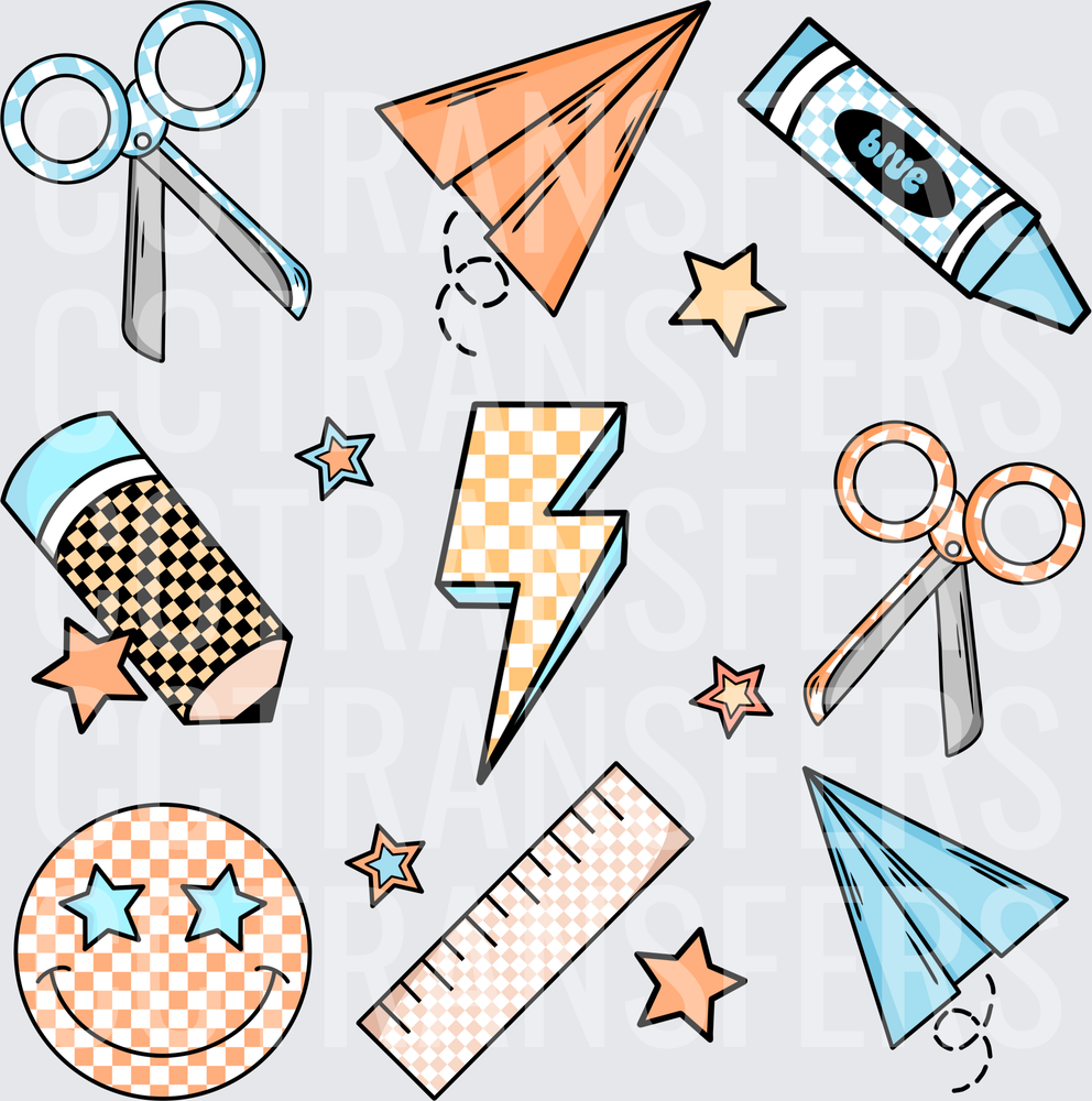 Retro Checkered School Supply Bundle with Smiley Face (DTF)