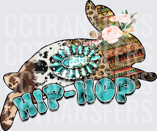 Western Boho Bunny Hip-Hop Turquoise Aztec Floral (DTF)