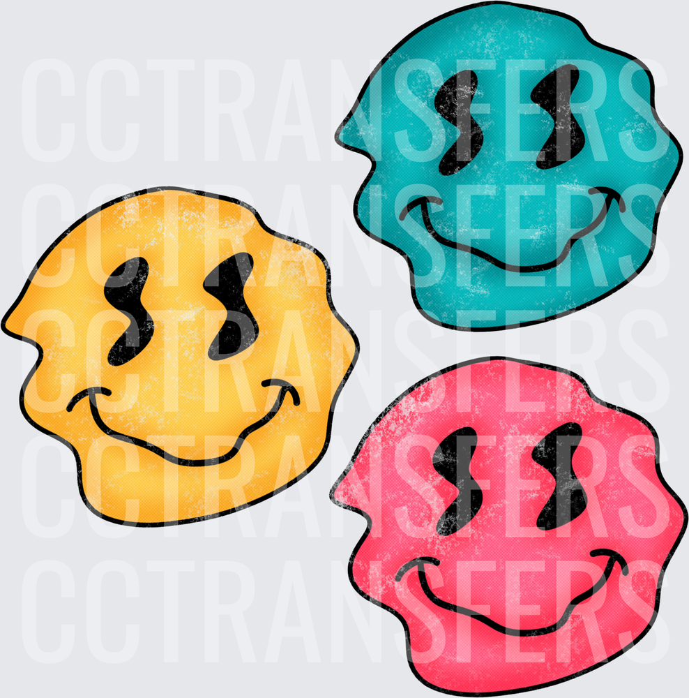 Retro Melting Smiley Faces Yellow Teal Pink Trio (DTF)