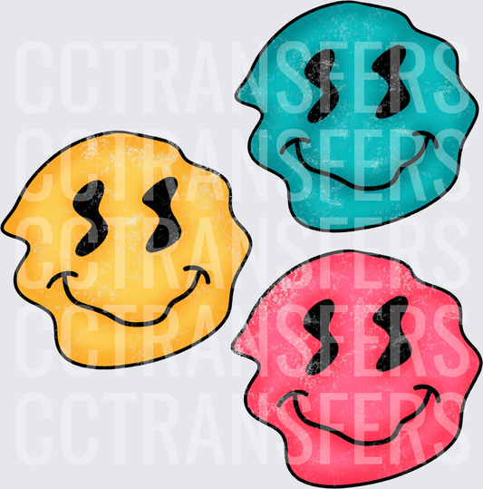 Retro Melting Smiley Faces Yellow Teal Pink Trio (DTF)