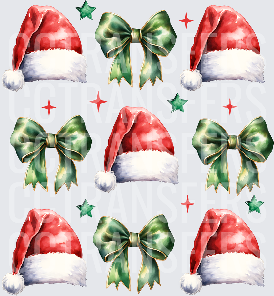 Watercolor Santa Hats Green Bows Stars Christmas Pattern (DTF)