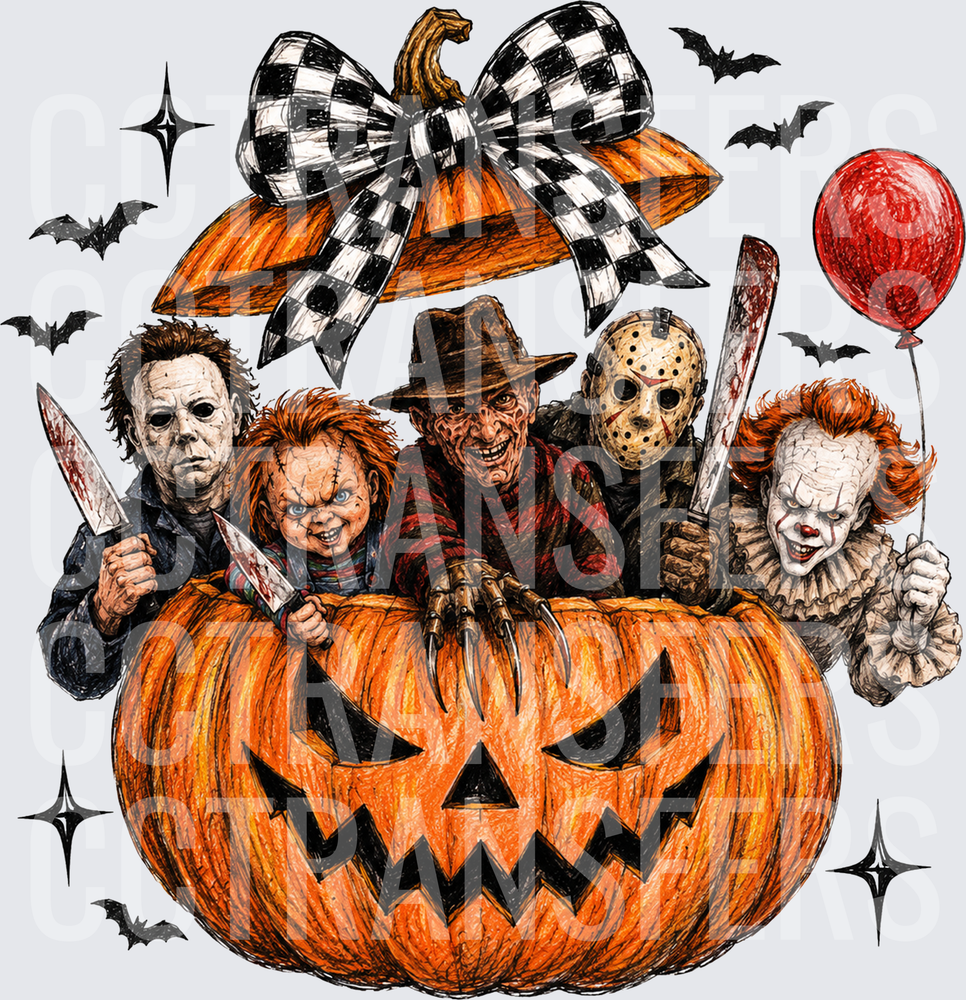 Horror Icons Emerging from Jack-O-Lantern with Bow and Bats (DTF)