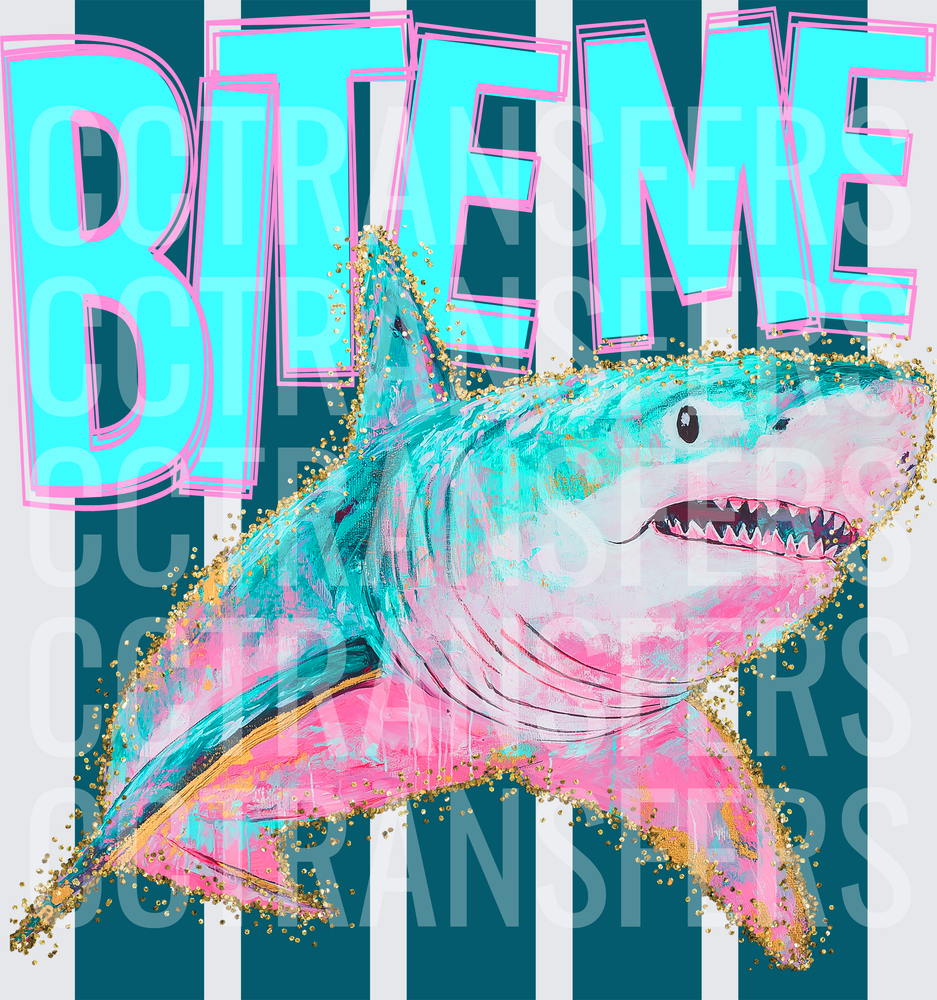 Bite Me Pink Teal Glitter Shark Painting (DTF)
