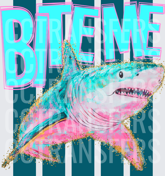 Bite Me Pink Teal Glitter Shark Painting (DTF)