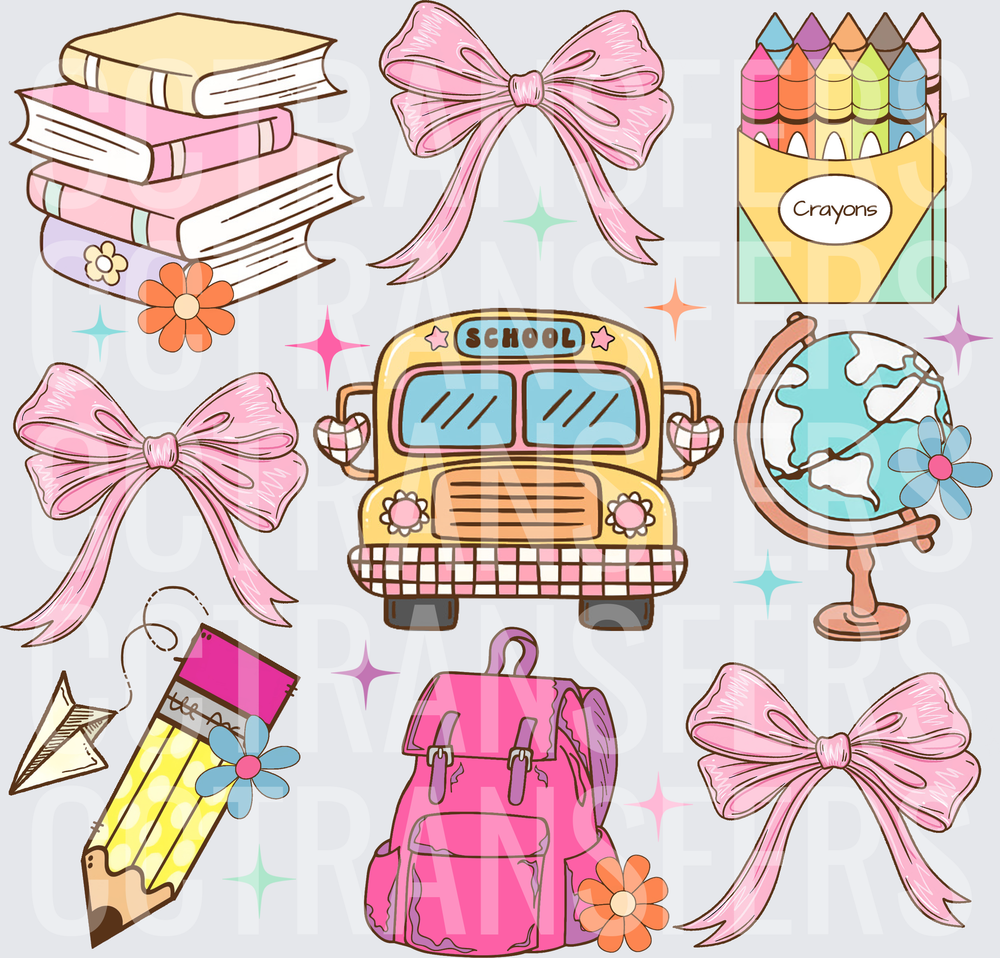 Coquette Back to School Bundle Pink Bows Bus Supplies (DTF)
