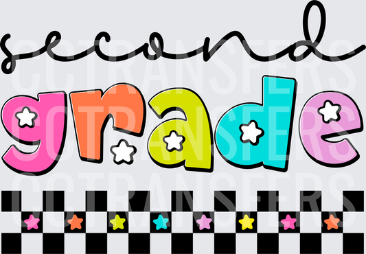 Second Grade Colorful Bold Letters Checkered Stars (DTF)