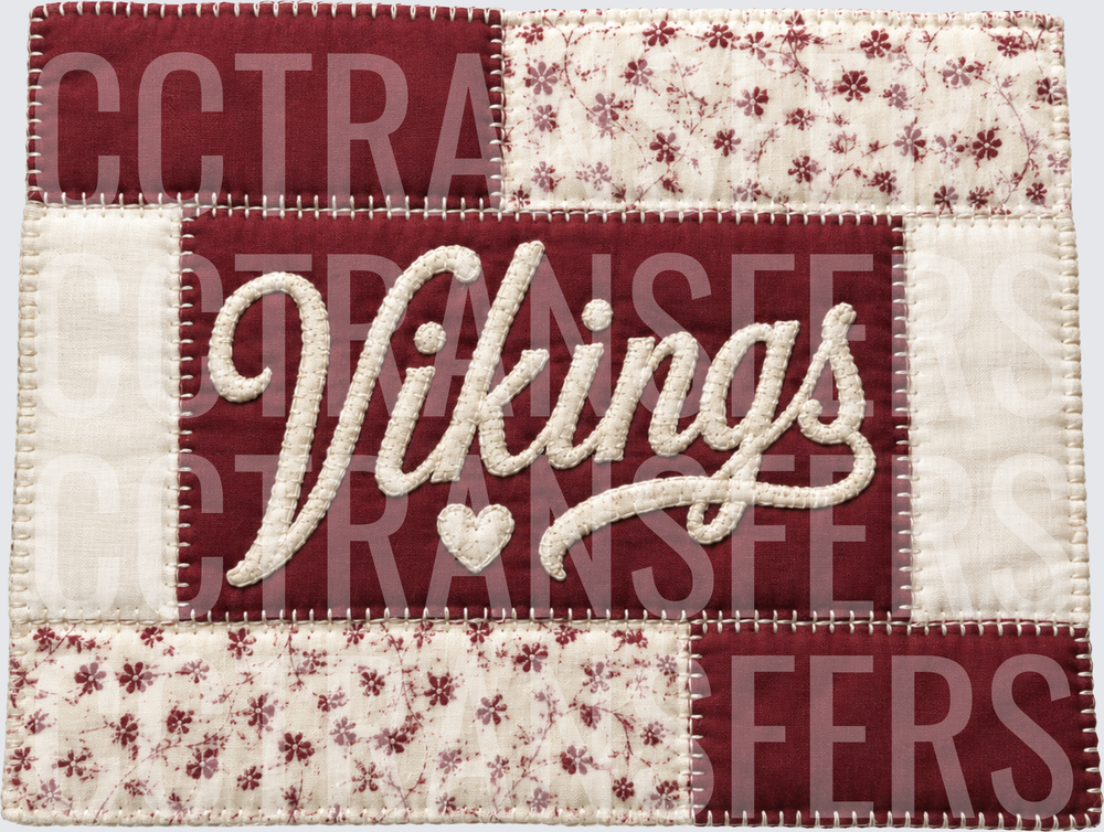 Crimson Patchwork Quilt Vikings Script Heart Design (DTF)