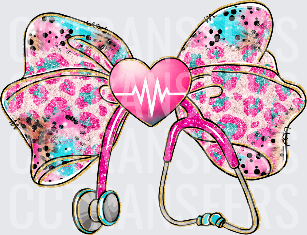 Glitter Leopard Bow Stethoscope Heart EKG Nurse (DTF)