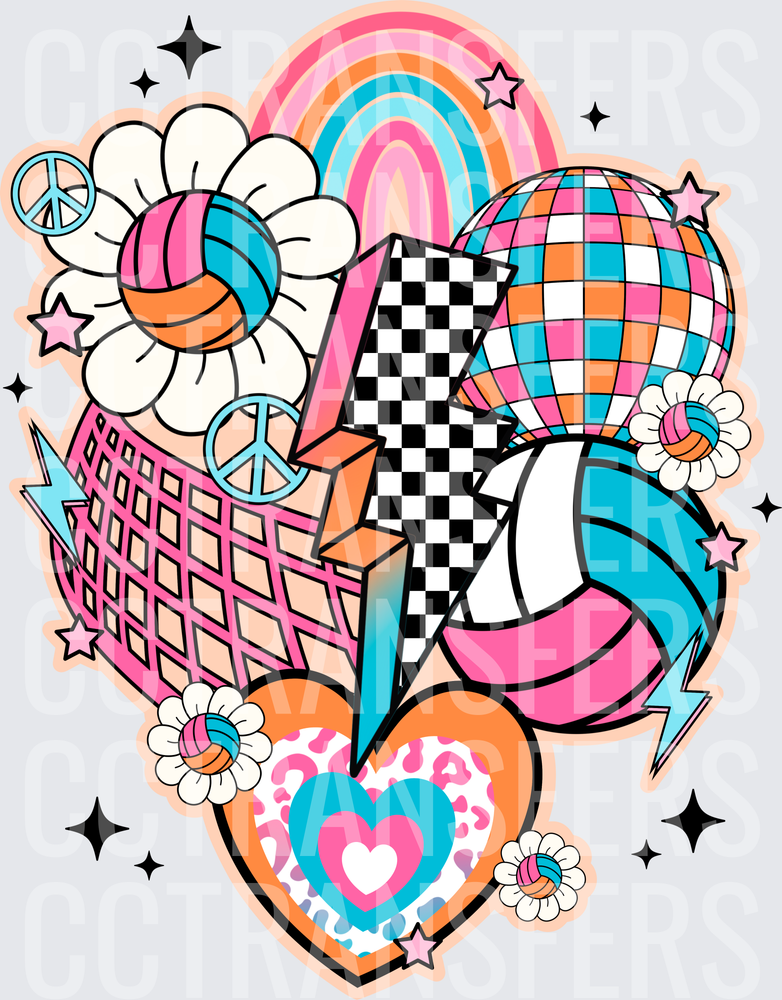 Retro Groovy Volleyball Net Rainbow Disco Ball Heart (DTF)