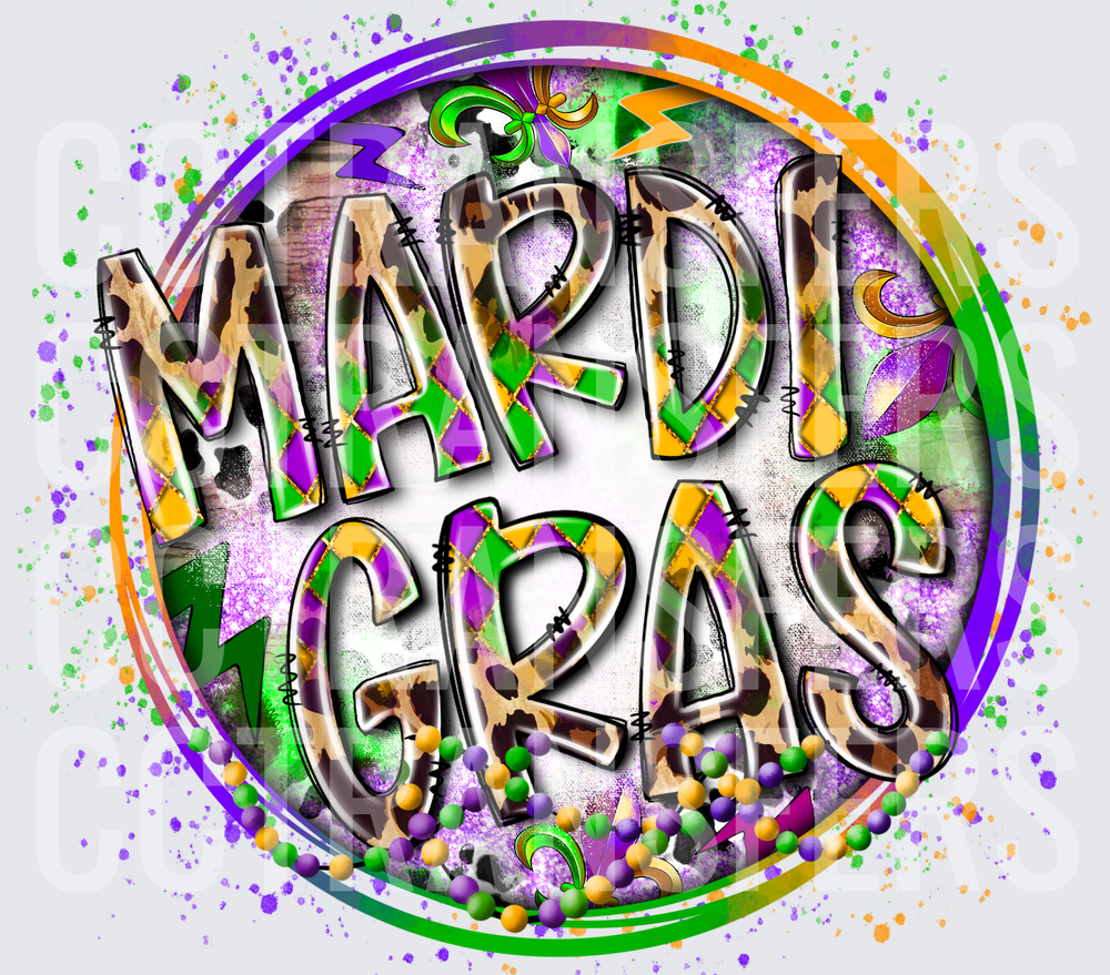 Mardi Gras Leopard Harlequin Beads Grunge Circle (DTF)