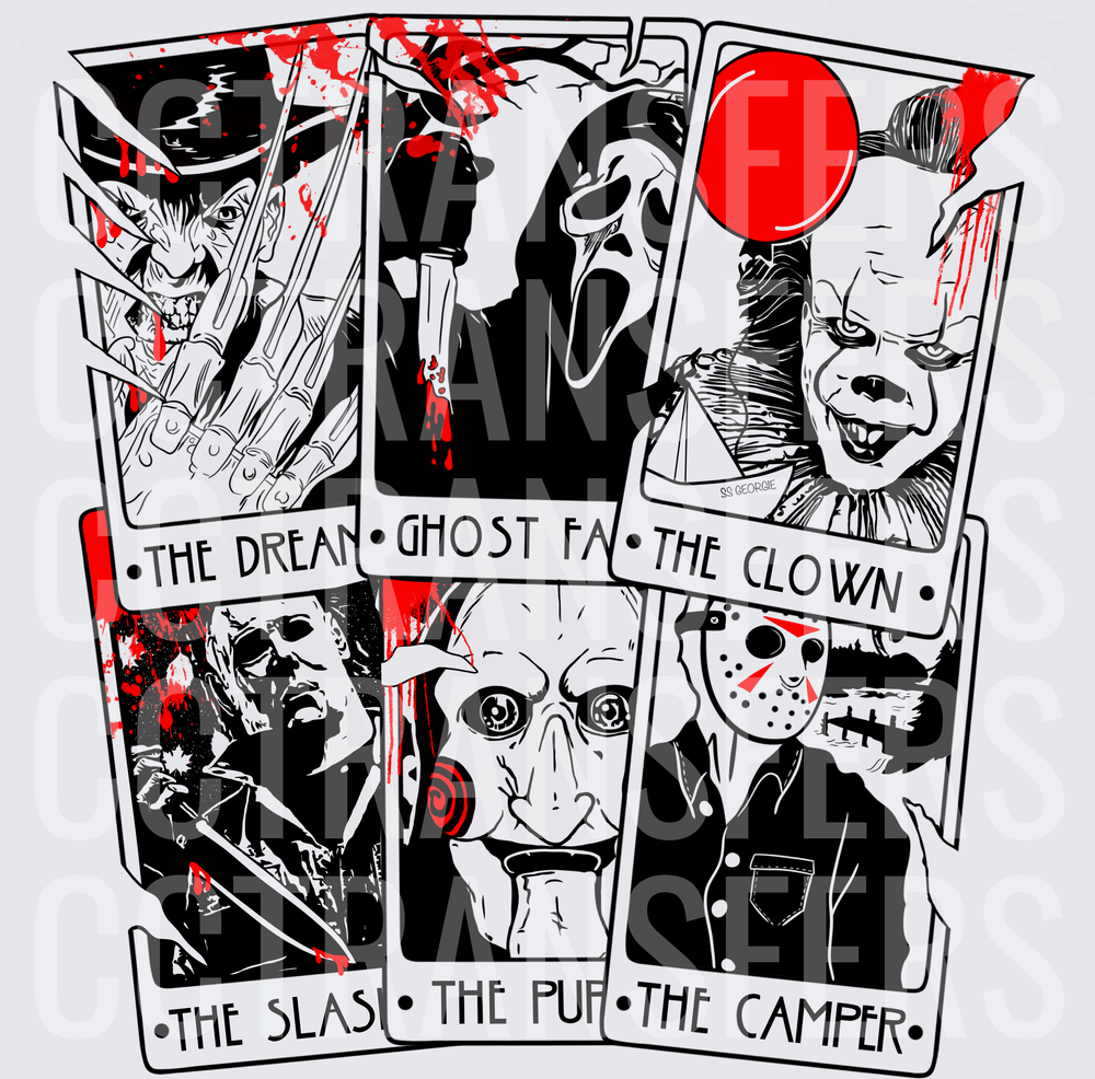 Horror Villain Tarot Cards Six Panel Black Red Ink (DTF)