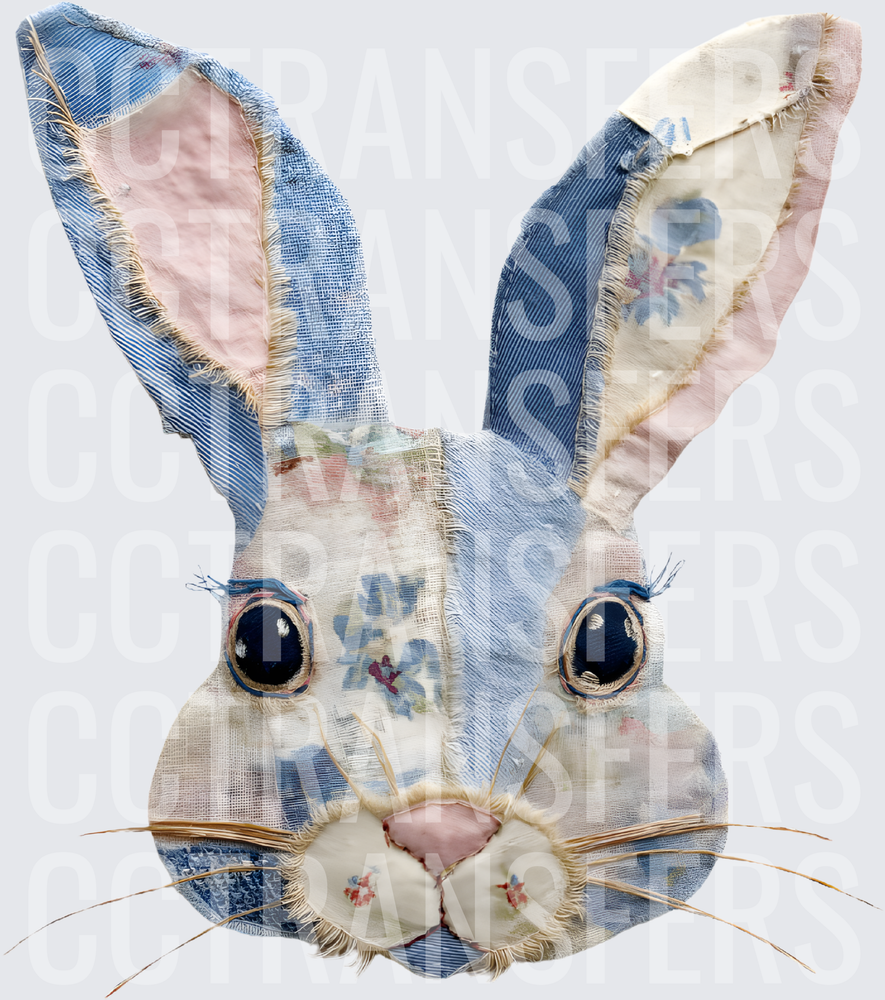 Patchwork Fabric Bunny Face Floral Denim Quilt Art (DTF)