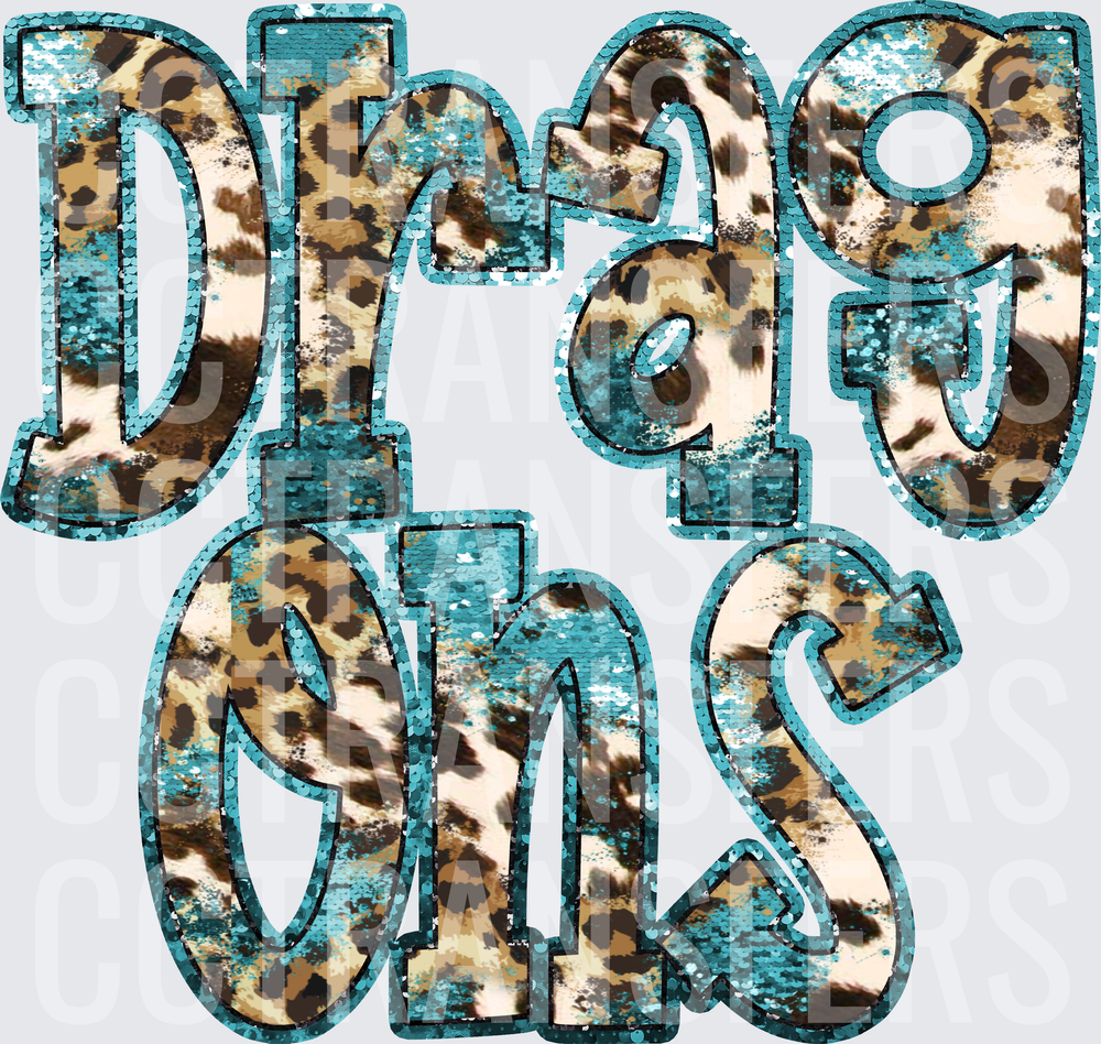 Dragons Teal Sequin Leopard Print Lettering (DTF)
