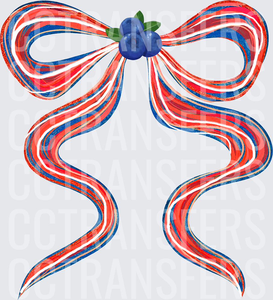 Patriotic Red White Blue Ribbon Bow with Blueberries (DTF)