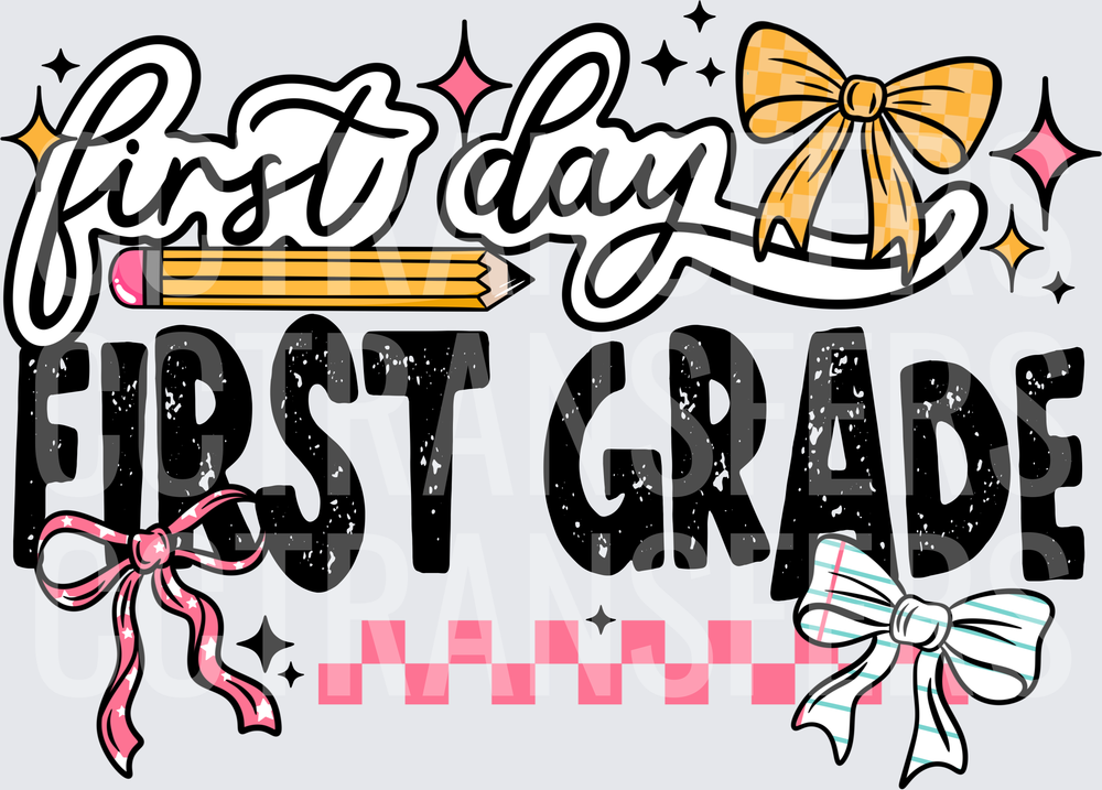 First Day First Grade Bows Pencil Checkered Design (DTF)