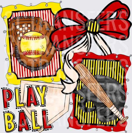 Play Ball Softball Glove Bat Helmet Red Bow (DTF)