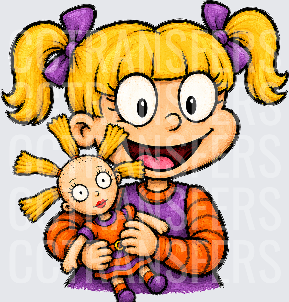 Blonde Pigtail Girl Holding Baby Doll Cartoon (DTF)