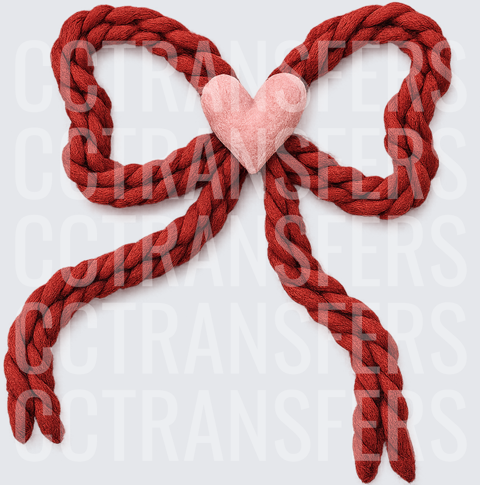 Red Braided Rope Bow with Pink Felt Heart Center (DTF)
