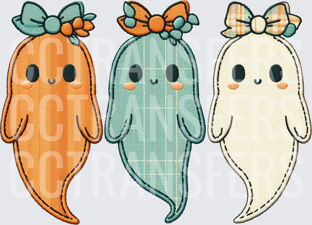 Cute Trio Girl Ghosts with Bows Applique Style (DTF)