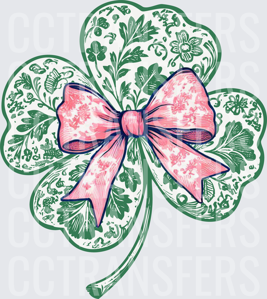 Floral Four Leaf Clover with Pink Coquette Bow (DTF)