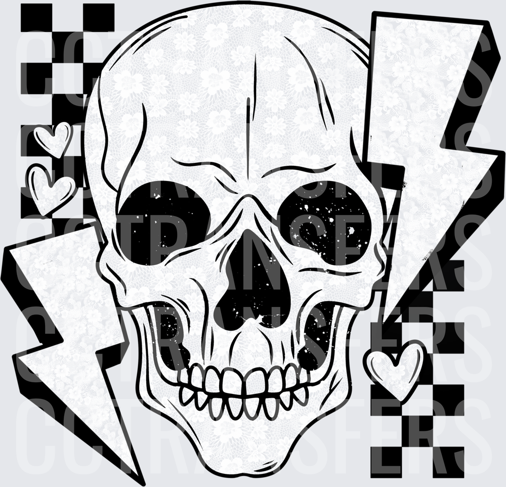 Black and White Skull Lightning Bolts Checkered Hearts (DTF)