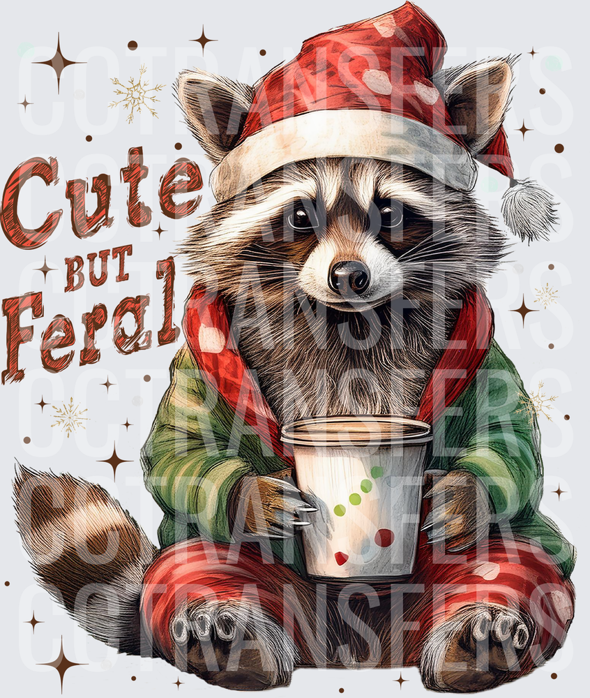Cute But Feral Christmas Raccoon Holding Coffee Cup (DTF)