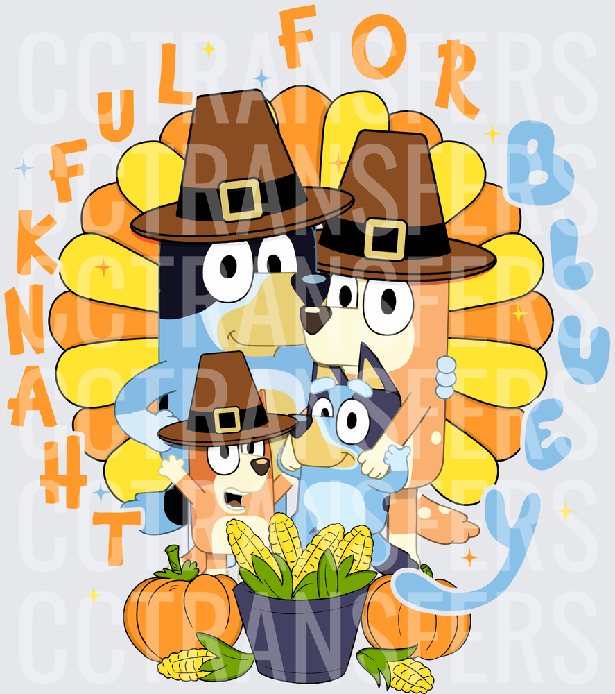Thankful For Blue Cartoon Dog Family Thanksgiving DTF