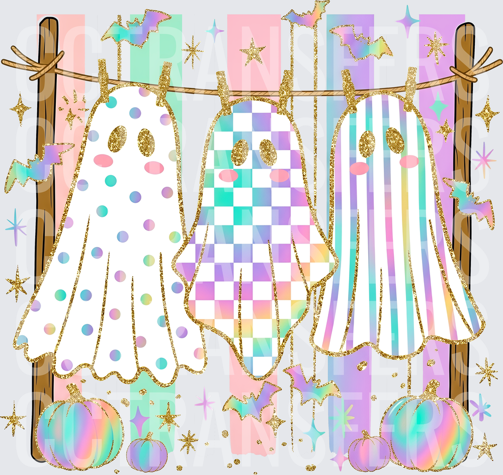 Pastel Halloween Ghosts Hanging on Clothesline with Pumpkins (DTF)