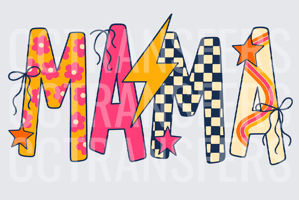 Boho Mama Floral Checkered Lightning Bolt Retro Letters (DTF)