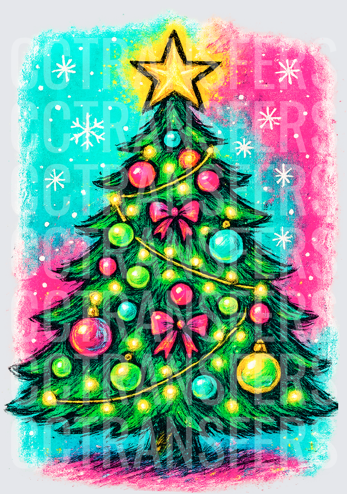 Colorful Christmas Tree with Lights Bows and Star DTF