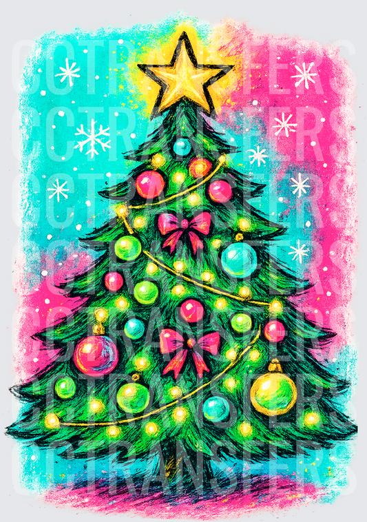 Colorful Christmas Tree with Lights Bows and Star DTF