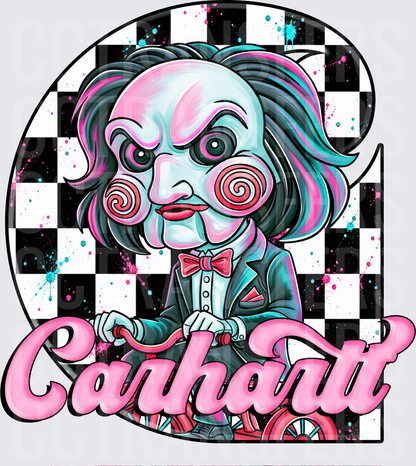 Horror Puppet Riding Tricycle Checkered Background (DTF)