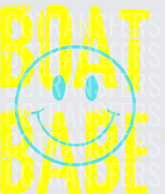 Boat Babe Yellow Grunge Bold Text Teal Smiley Face (DTF)