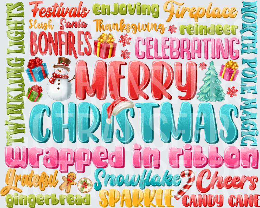 Merry Christmas Holiday Word Collage Snowman Festive (DTF)