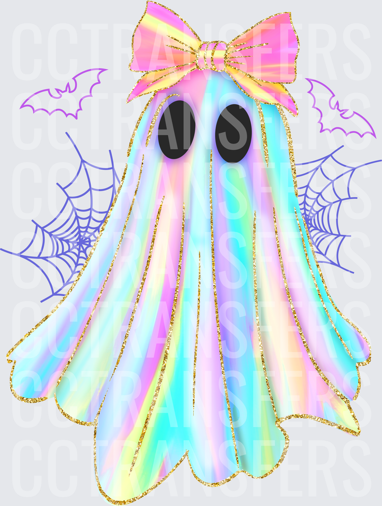 Pastel Holographic Ghost with Gold Glitter Bow and Bats (DTF)
