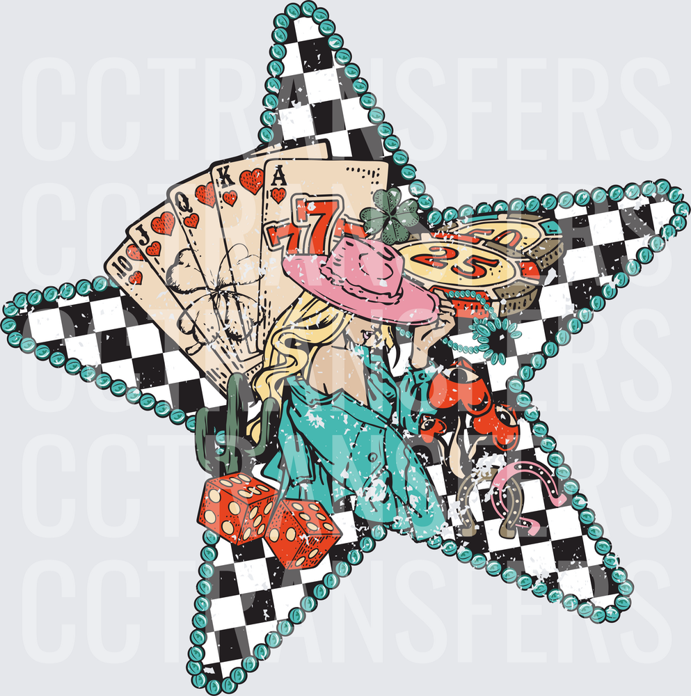 Lucky Cowgirl Casino Star Checkered Turquoise Beads (DTF)