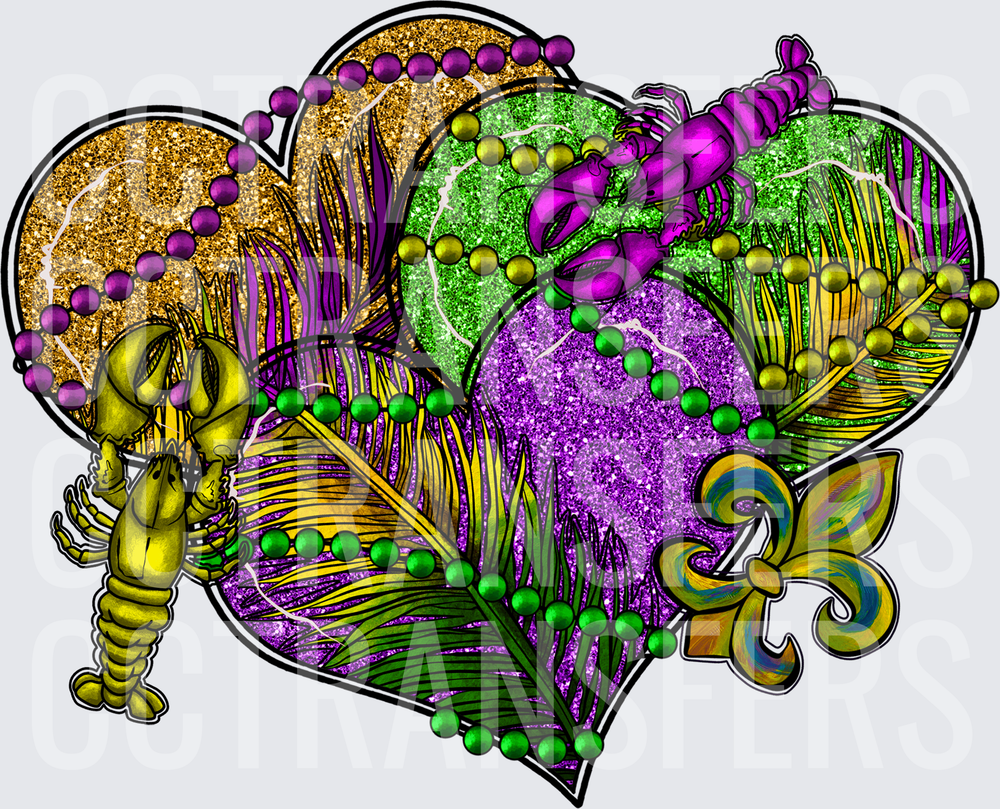 Mardi Gras Glitter Hearts Crawfish Beads Fleur De Lis (DTF)