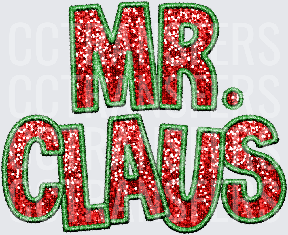 Mr. Claus Red Glitter Sequin Embroidery Style Letters (DTF)