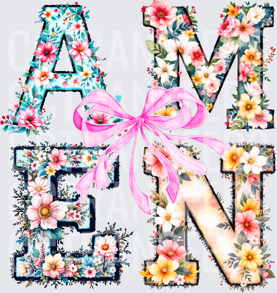 Floral Letter AMEN with Pink Bow Watercolor Design (DTF)