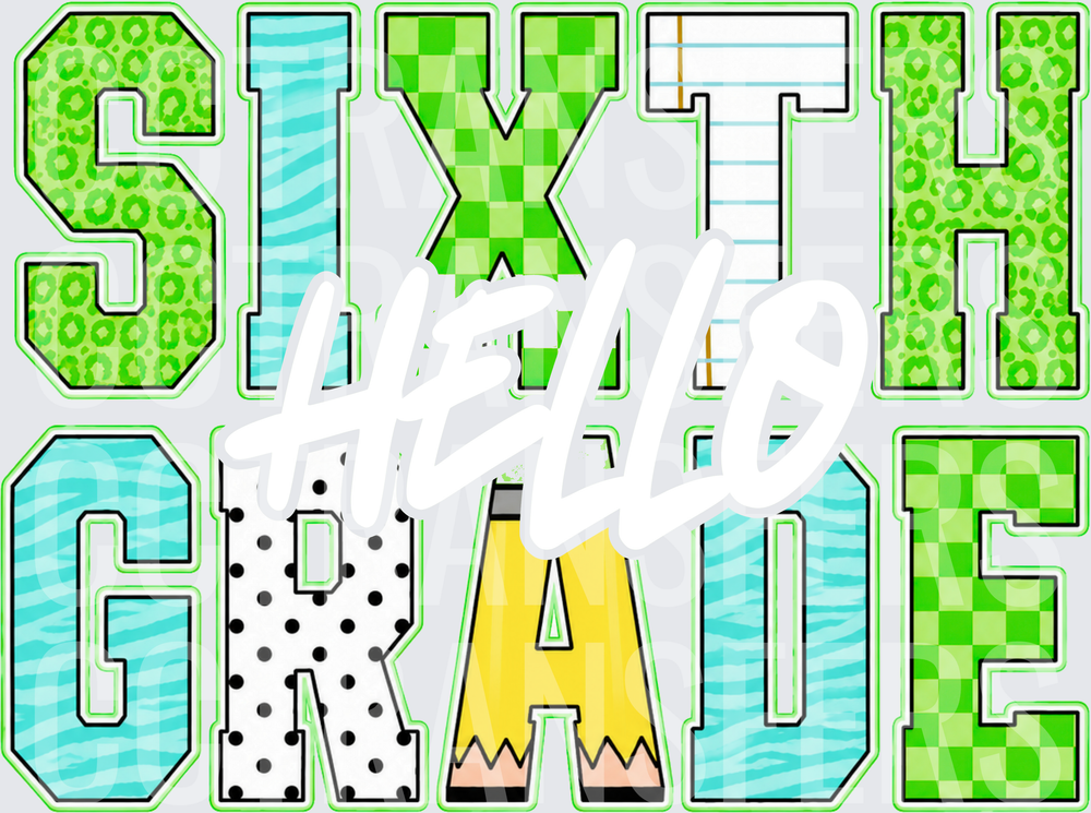 Sixth Grade Patterned Block Letters Green Blue (DTF)