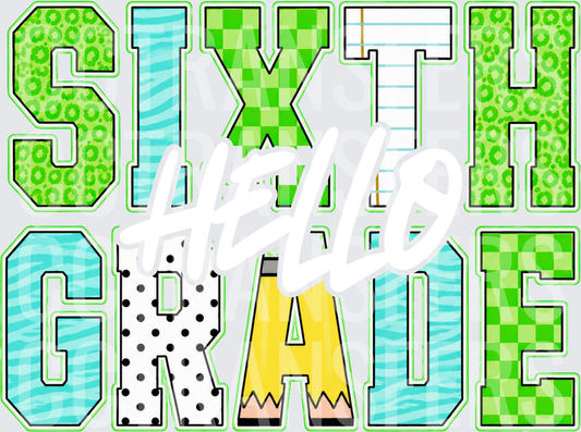 Sixth Grade Patterned Block Letters Green Blue (DTF)