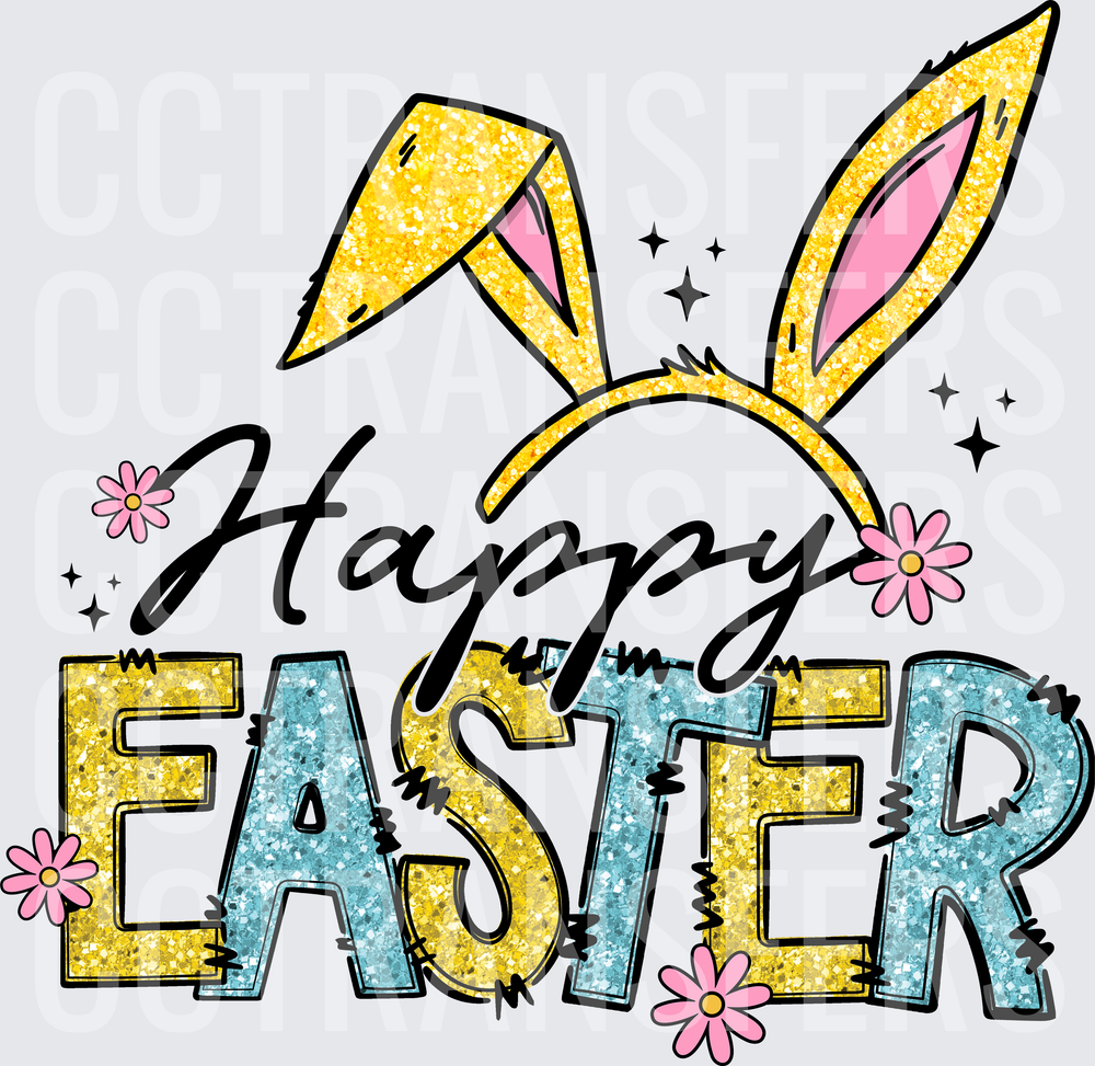 Happy Easter Glitter Bunny Ears Headband Floral (DTF)