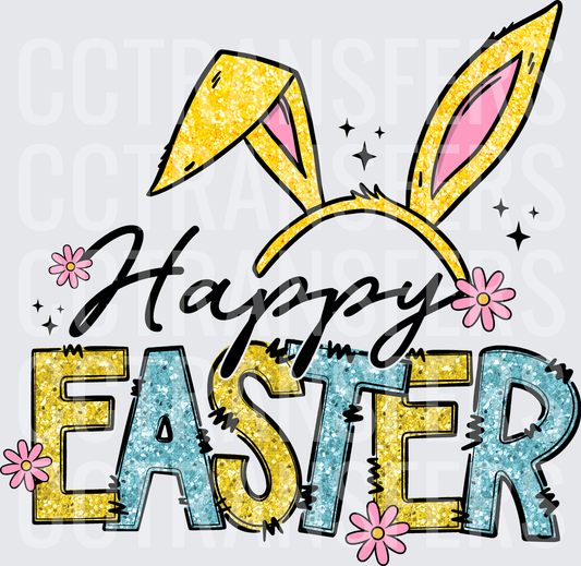 Happy Easter Glitter Bunny Ears Headband Floral (DTF)