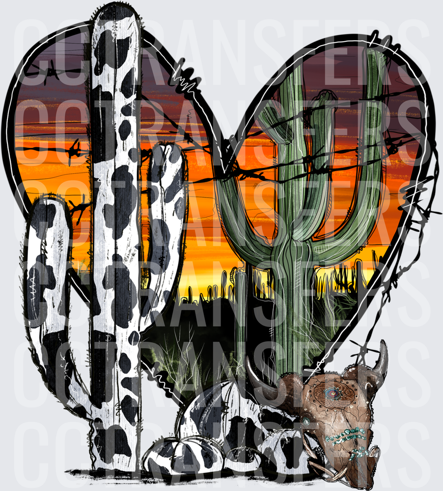 Western Heart Barbed Wire Cowhide Cactus Desert Skull (DTF)