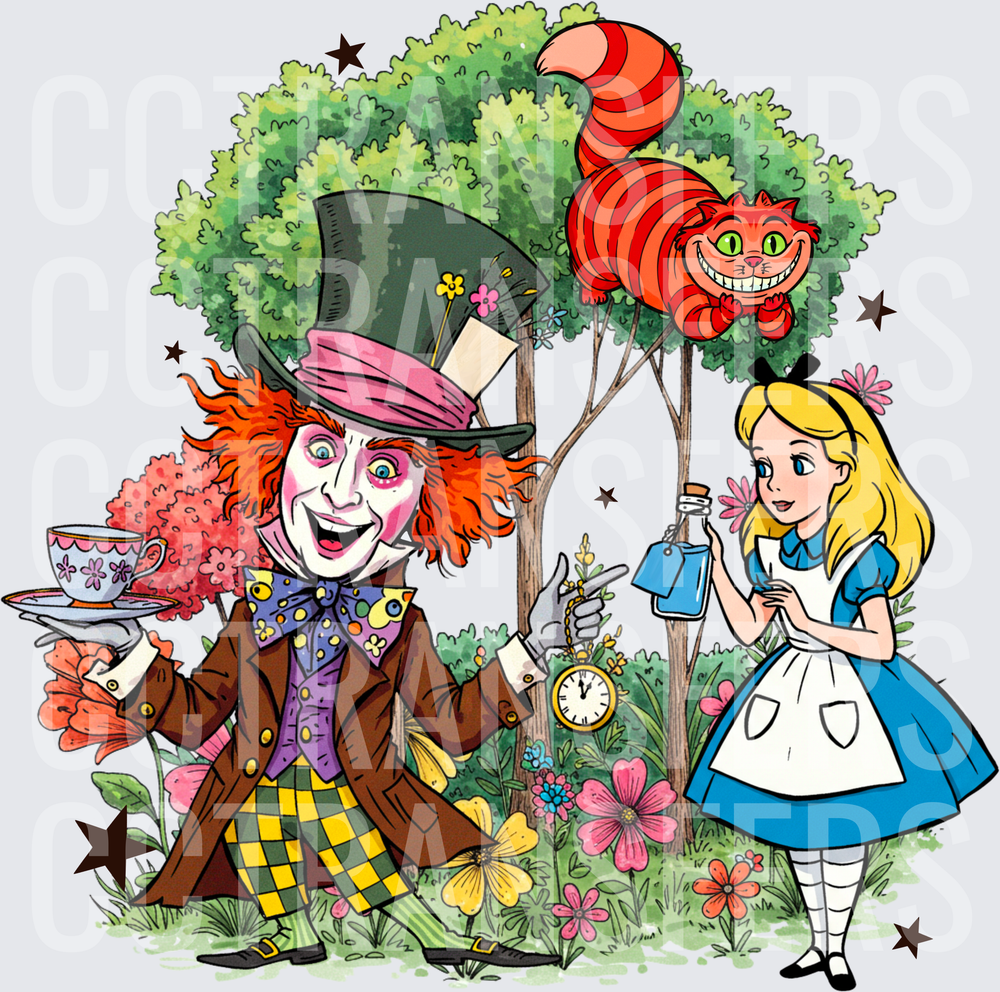 Whimsical Mad Hatter Alice Cheshire Cat Wonderland Scene (DTF)