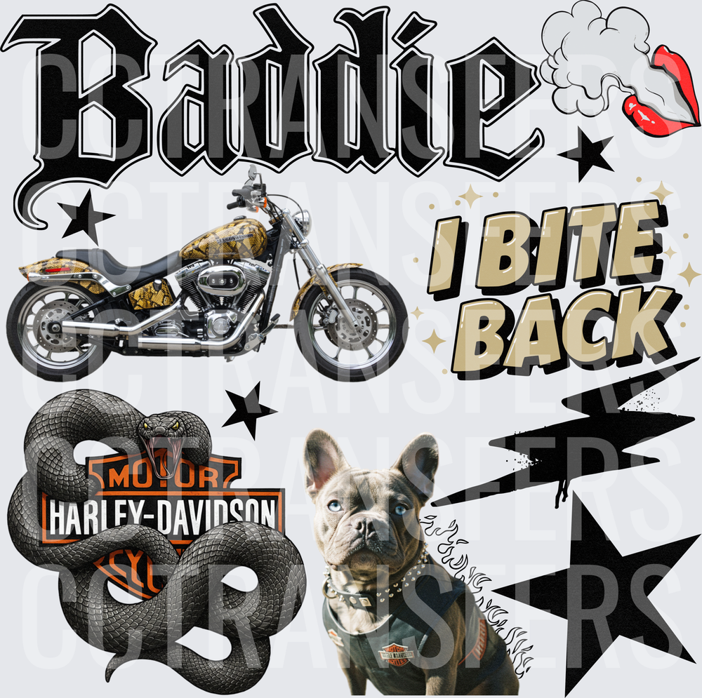 Baddie I Bite Back Biker Bulldog Snake Moto Collage (DTF)