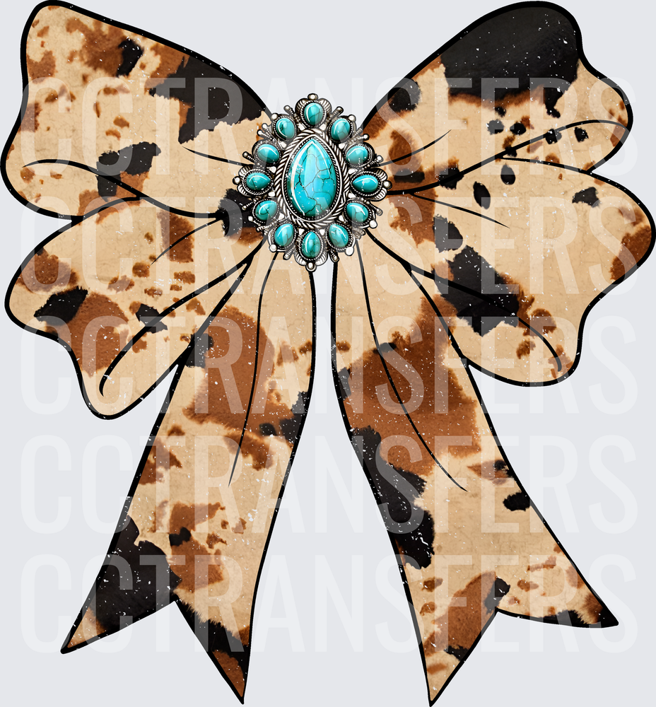 Cowhide Print Bow with Turquoise Gemstone Brooch (DTF)
