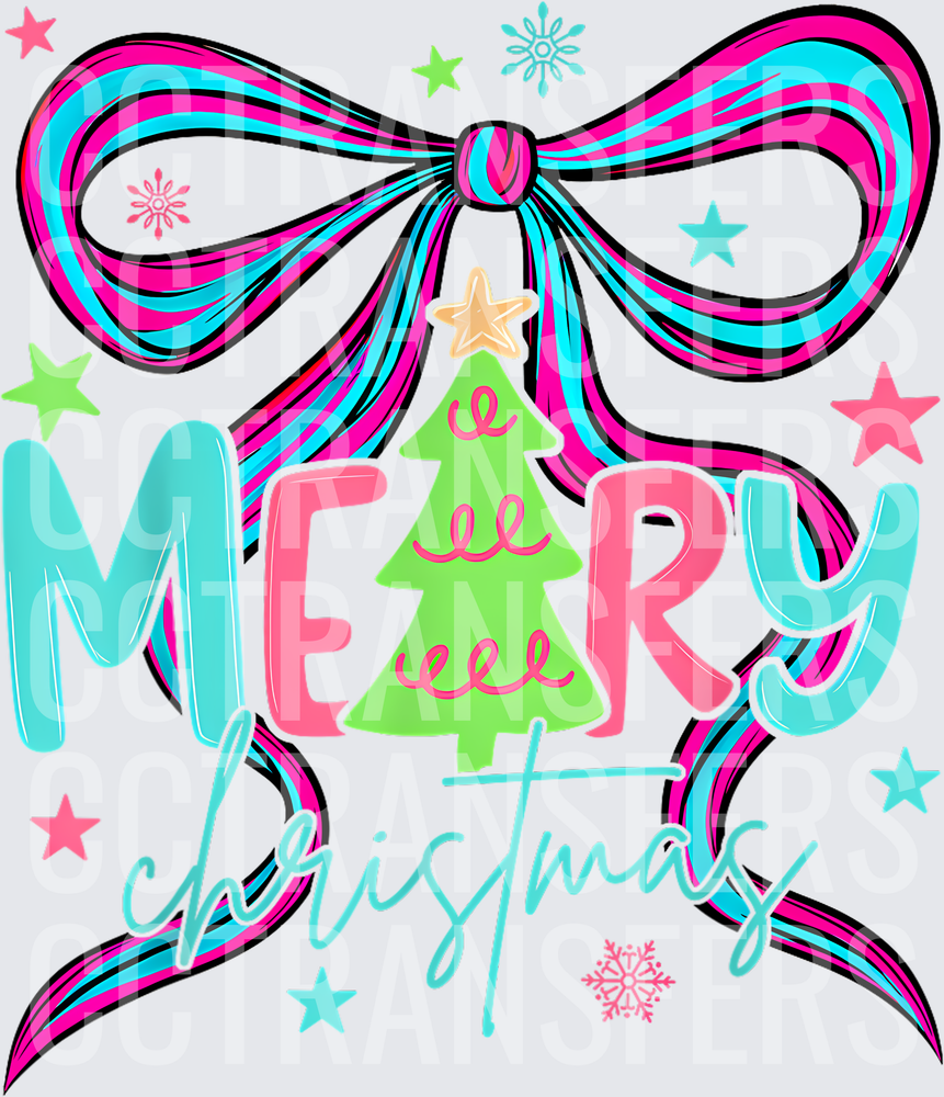 Merry Christmas Bold Bow Green Tree Stars Design (DTF)