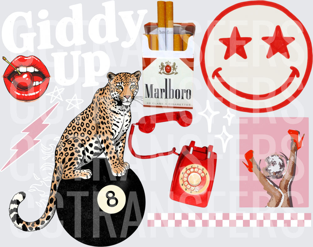 Retro Collage Leopard 8-Ball Red Phone Smiley Cherry Lips (DTF)